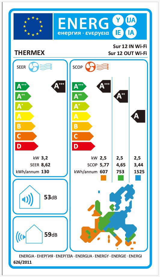 Thermex Sur 12 Wi-Fi Klimaanlage 12000 BTU Splitgerät mit 3,5 kW, R32, Kühlen & Heizen