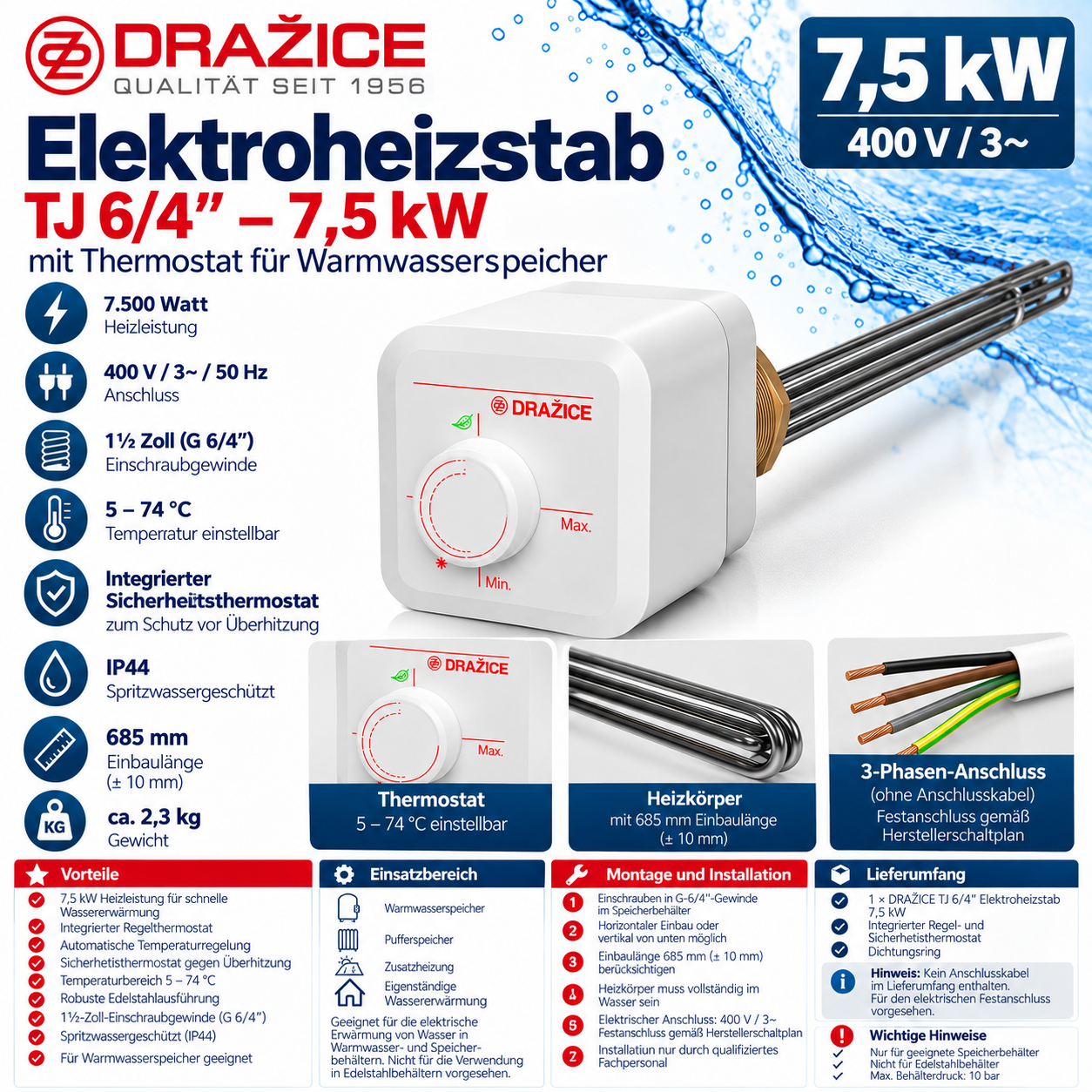 DRAŽICE TJ 6/4" Elektroheizstab 7,5 kW 400 V mit Thermostat – 1½ Zoll für Warmwasserspeicher