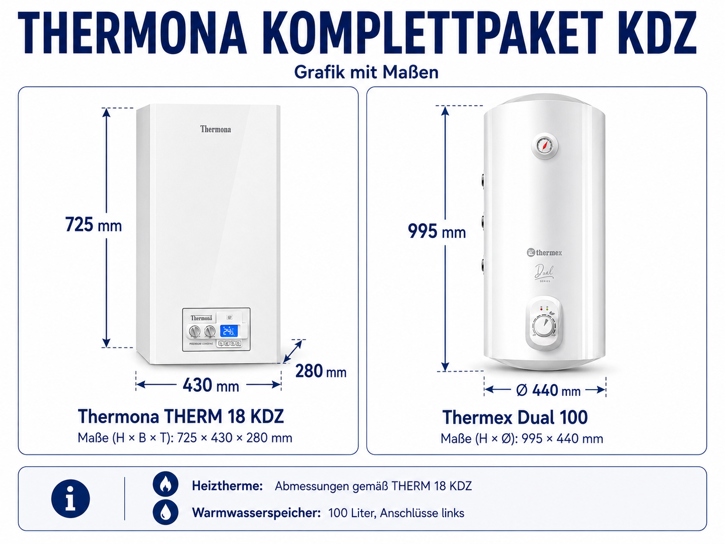 Gastherme Thermona THERM 18 KDZ Komplettpaket mit 100 l Warmwasserspeicher Thermex Dual