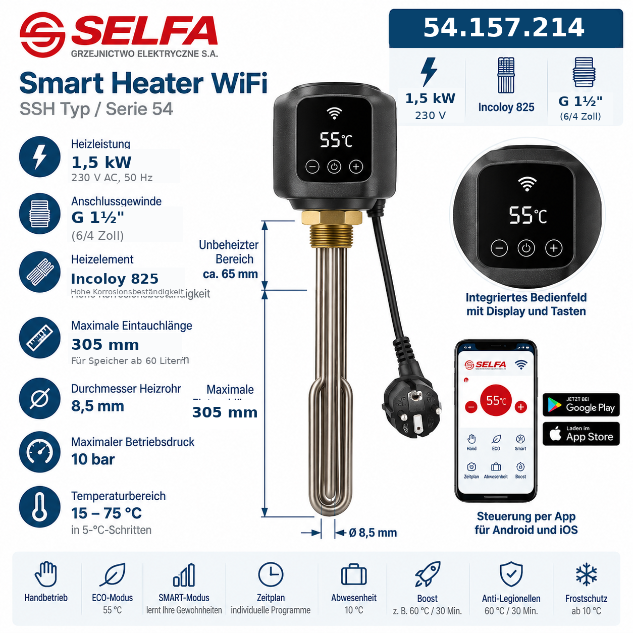 SELFA Smart Heater WiFi Heizstab 1,5 kW | Incoloy 825 | G 1½" | 230 V | Serie 54