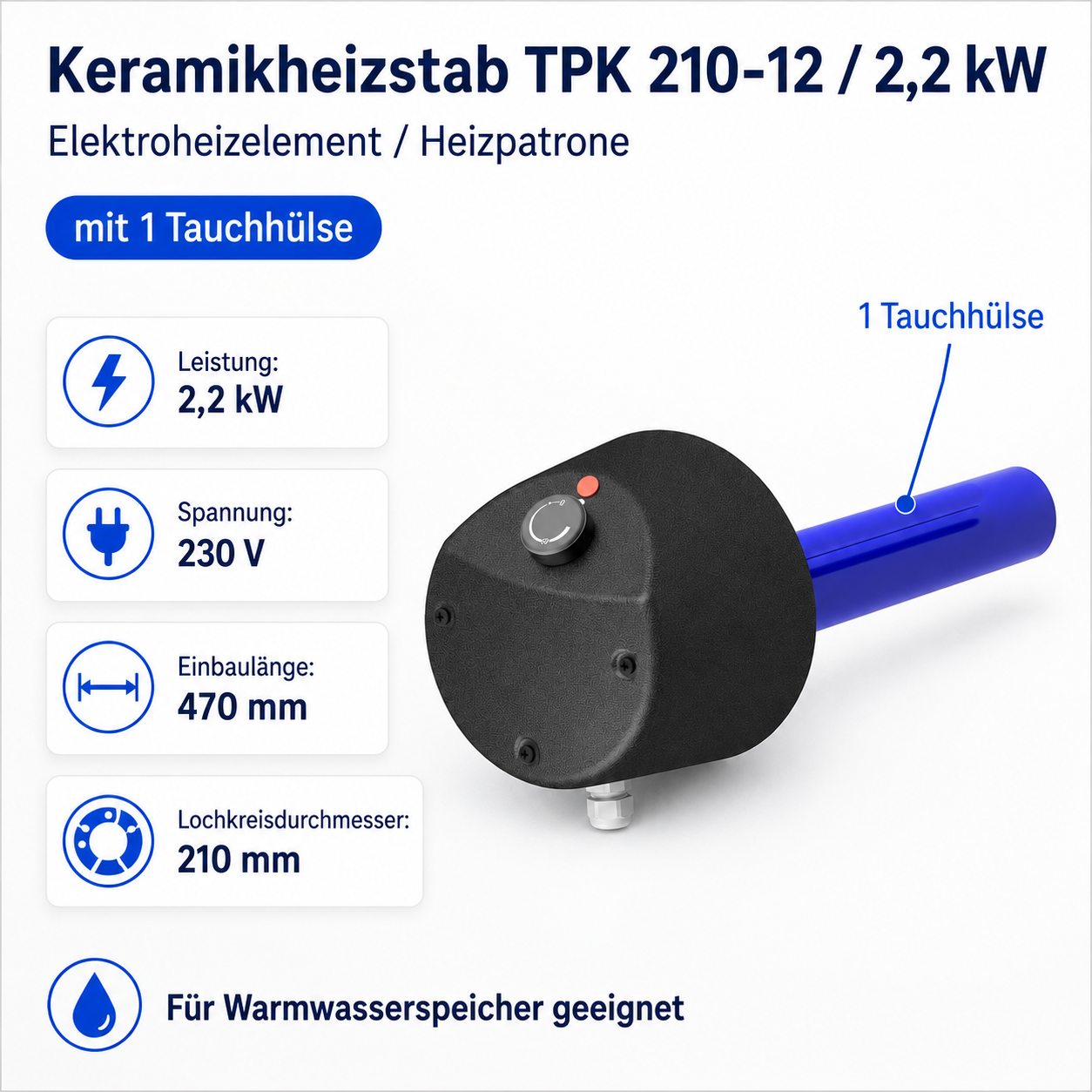 Keramikheizstab Elektroheizelement Heizpatrone TPK 210 - 12 / 2,2 kW