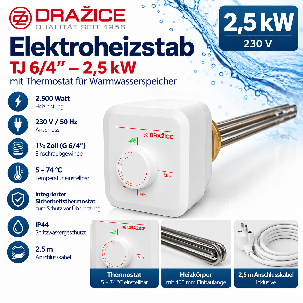 DRAŽICE TJ 6/4" Elektroheizstab 2,5 kW 230 V mit Thermostat – 1½ Zoll für Warmwasserspeicher