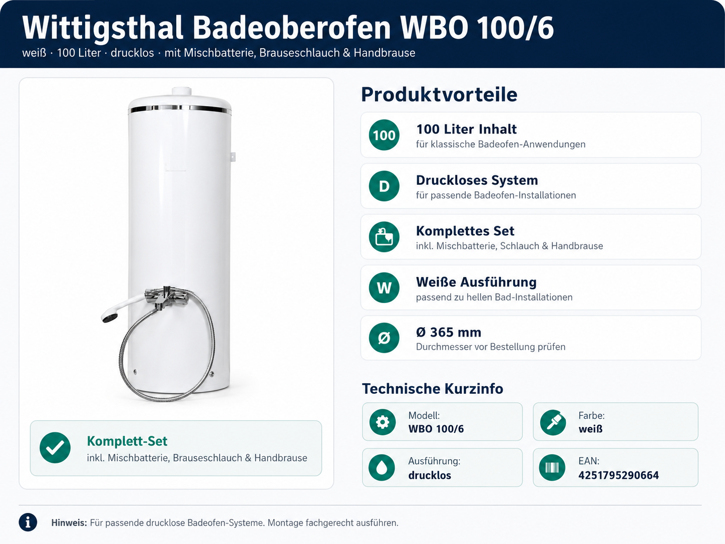 Wittigsthal Oberofen mit Mischbatterie, Brause, Schlauch