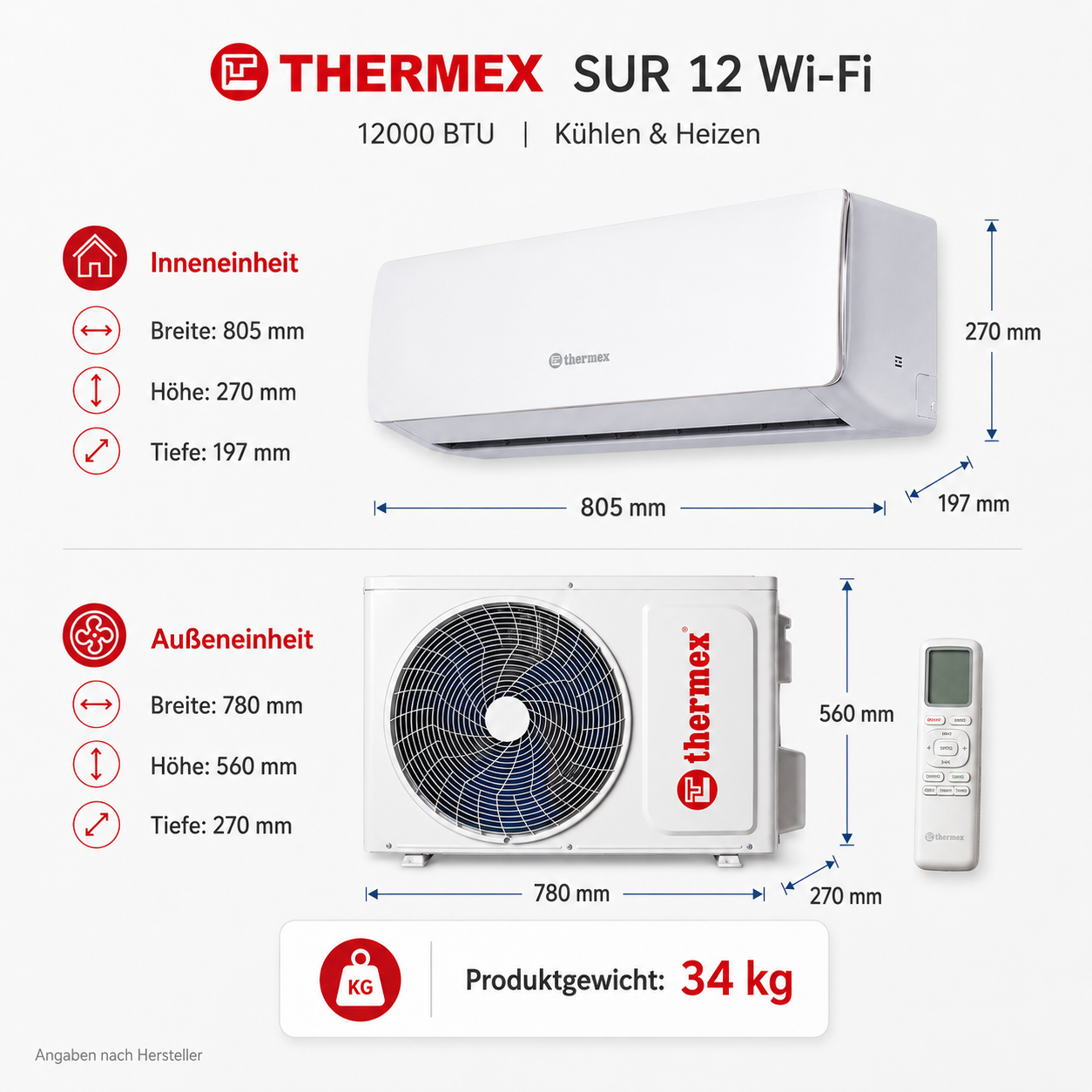 Thermex Sur 12 Wi-Fi Klimaanlage 12000 BTU Splitgerät mit 3,5 kW, R32, Kühlen & Heizen