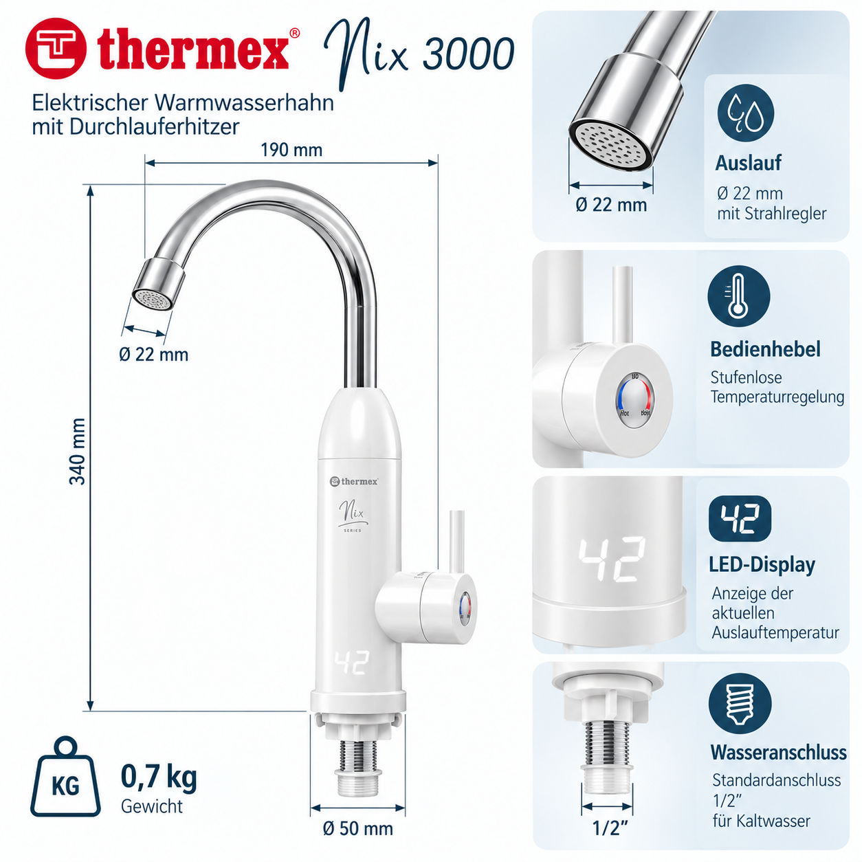THERMEX Nix 3000 Elektrischer Warmwasserhahn mit Durchlauferhitzer 3 kW