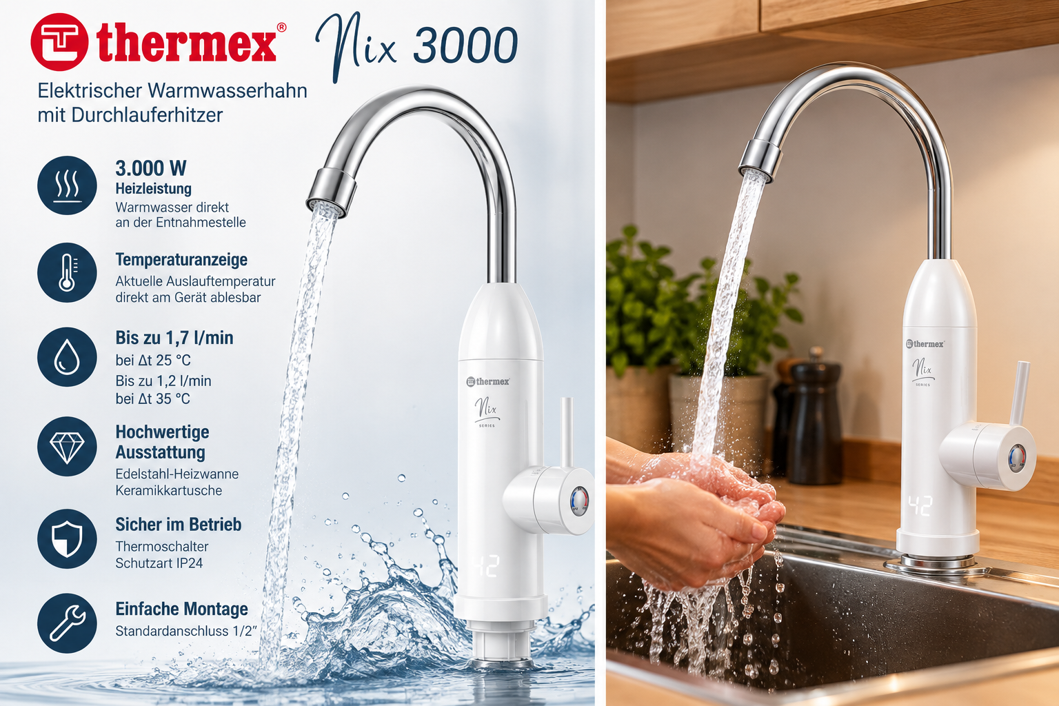 THERMEX Nix 3000 Elektrischer Warmwasserhahn mit Durchlauferhitzer 3 kW