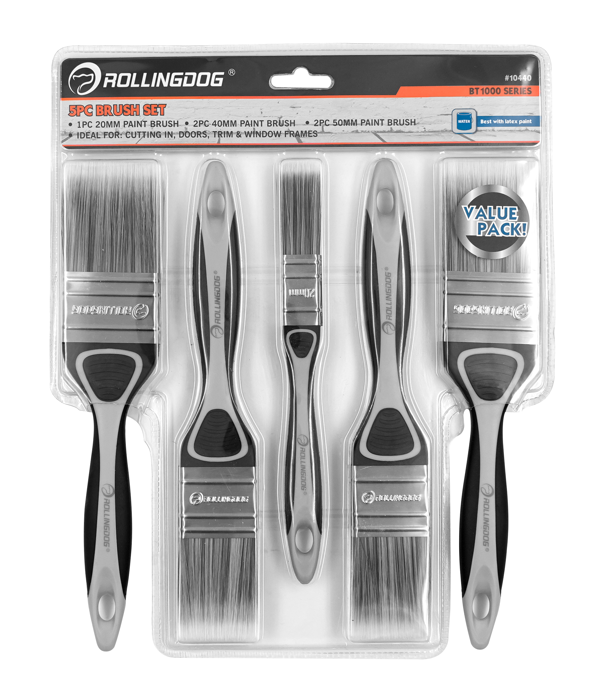 ROLLINGDOG 5‑teiliges Pinselset – Polyester, 20/40/50 mm, Soft-Grip