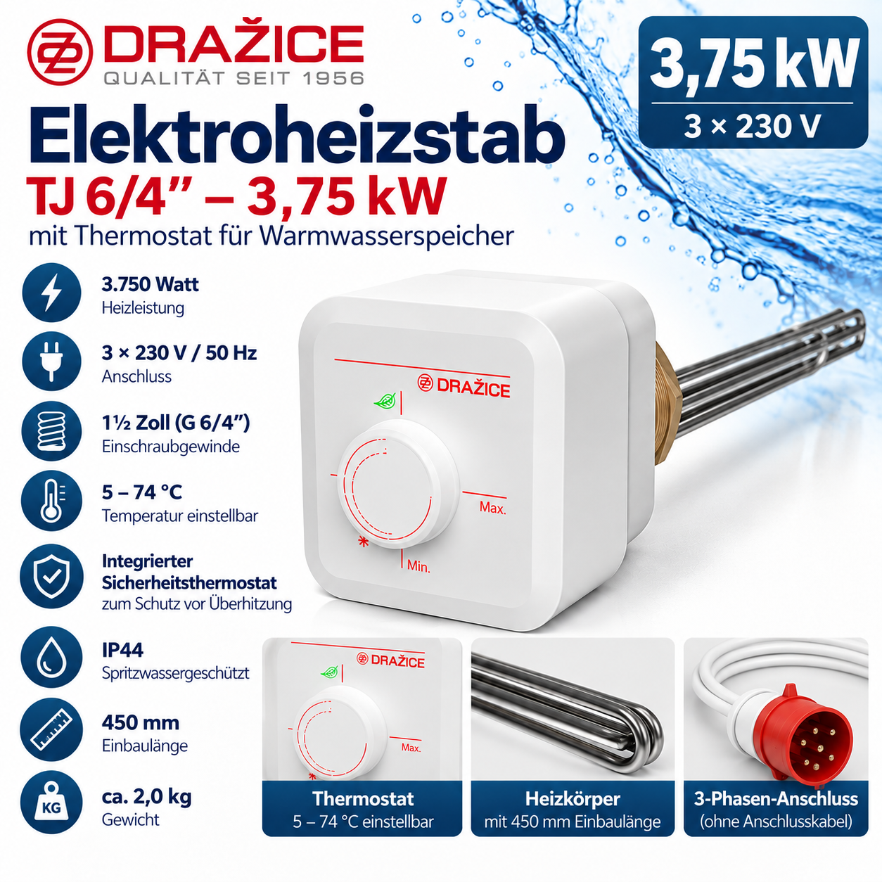 DRAŽICE TJ 6/4" Elektroheizstab 3,75 kW mit Thermostat – 1½ Zoll für Warmwasserspeicher