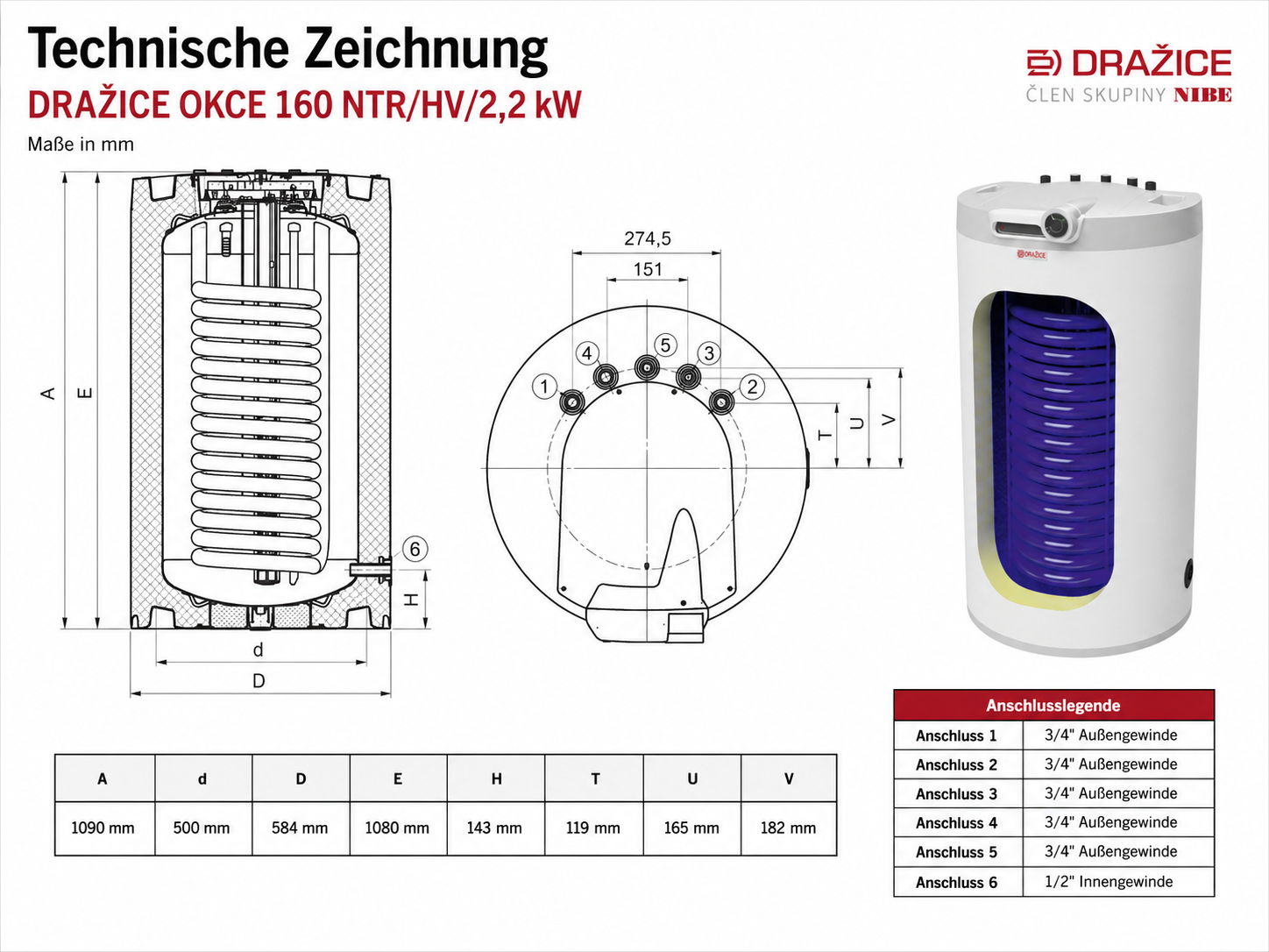 DRAŽICE OKCE 160 NTR/HV 2,2 kW Warmwasserspeicher mit Wärmetauscher und Elektroheizstab