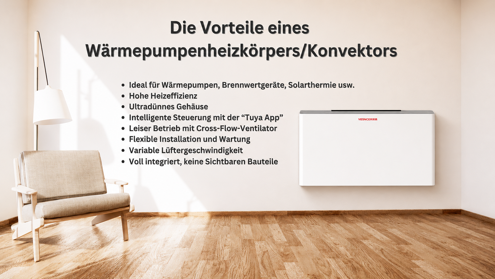 YESNCER AURA M2 Wärmepumpenheizkörper Gebläsekonvektor 330 m³/h