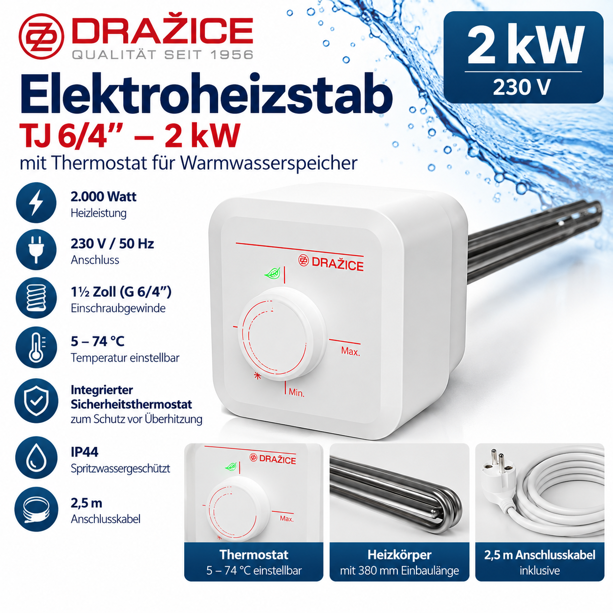 DRAŽICE TJ 6/4" Elektroheizstab 2 kW 230 V mit Thermostat – 1½ Zoll für Warmwasserspeicher