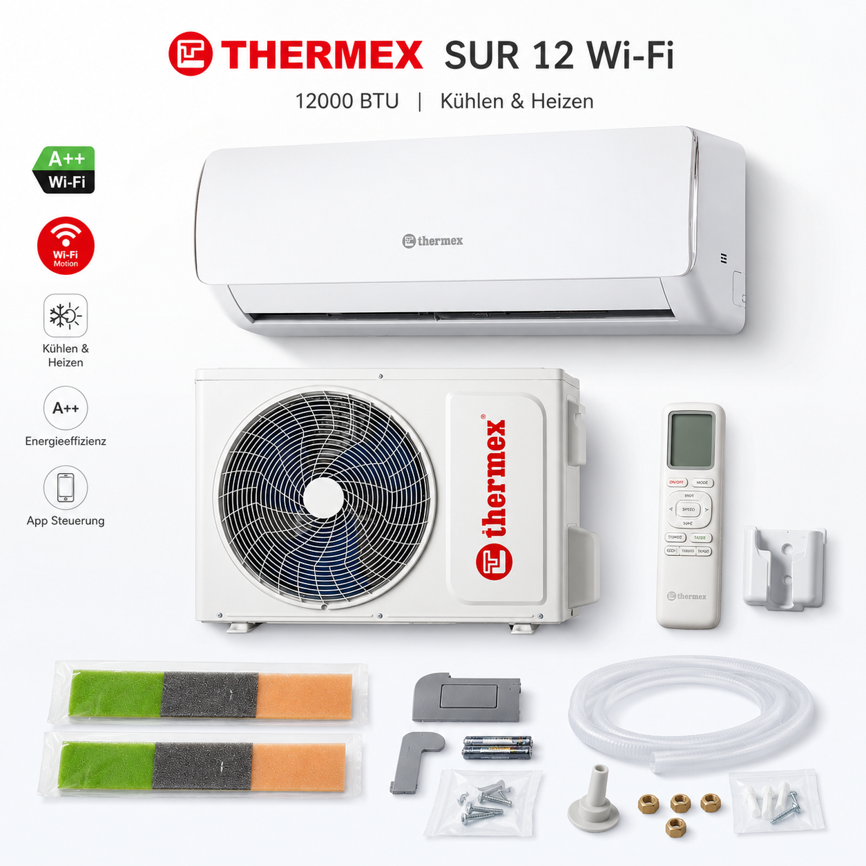 Thermex Sur 12 Wi-Fi Klimaanlage 12000 BTU Splitgerät mit 3,5 kW, R32, Kühlen & Heizen