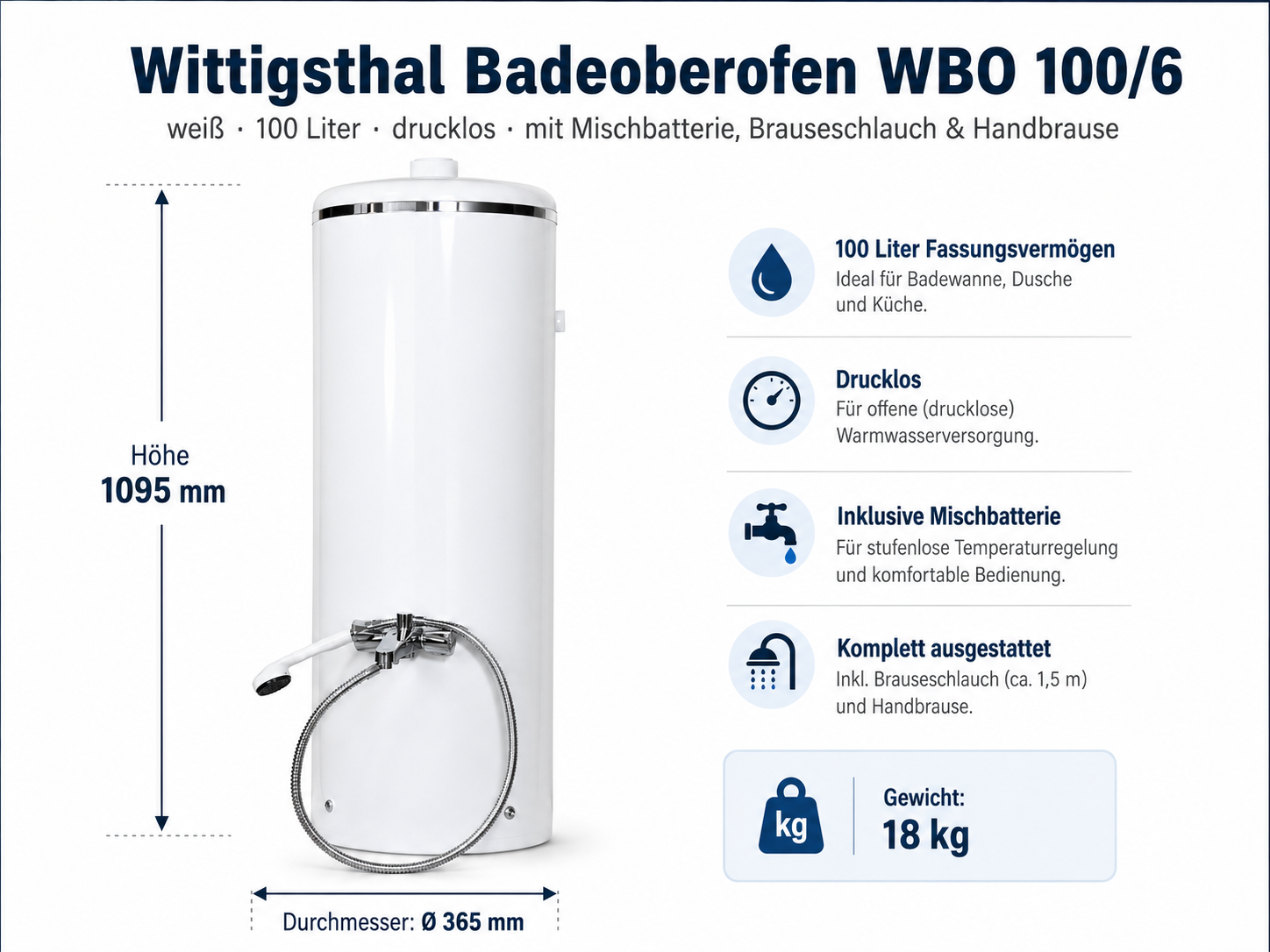 Wittigsthal Oberofen mit Mischbatterie, Brause, Schlauch