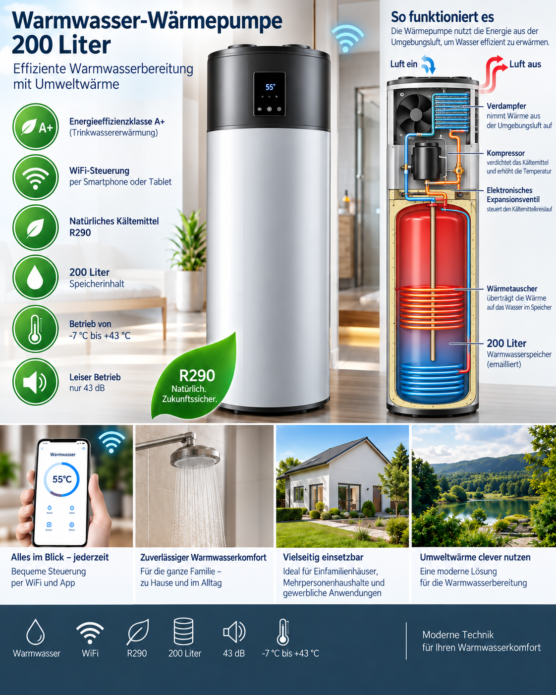Warmwasser-Wärmepumpe 200 Liter mit WIFI und R290 | Brauchwasserwärmepumpe